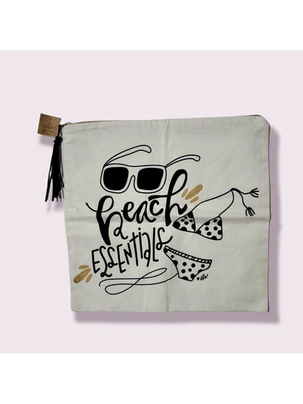 COLLINS Beach Bag Lined Black Tassel 15" x 15"